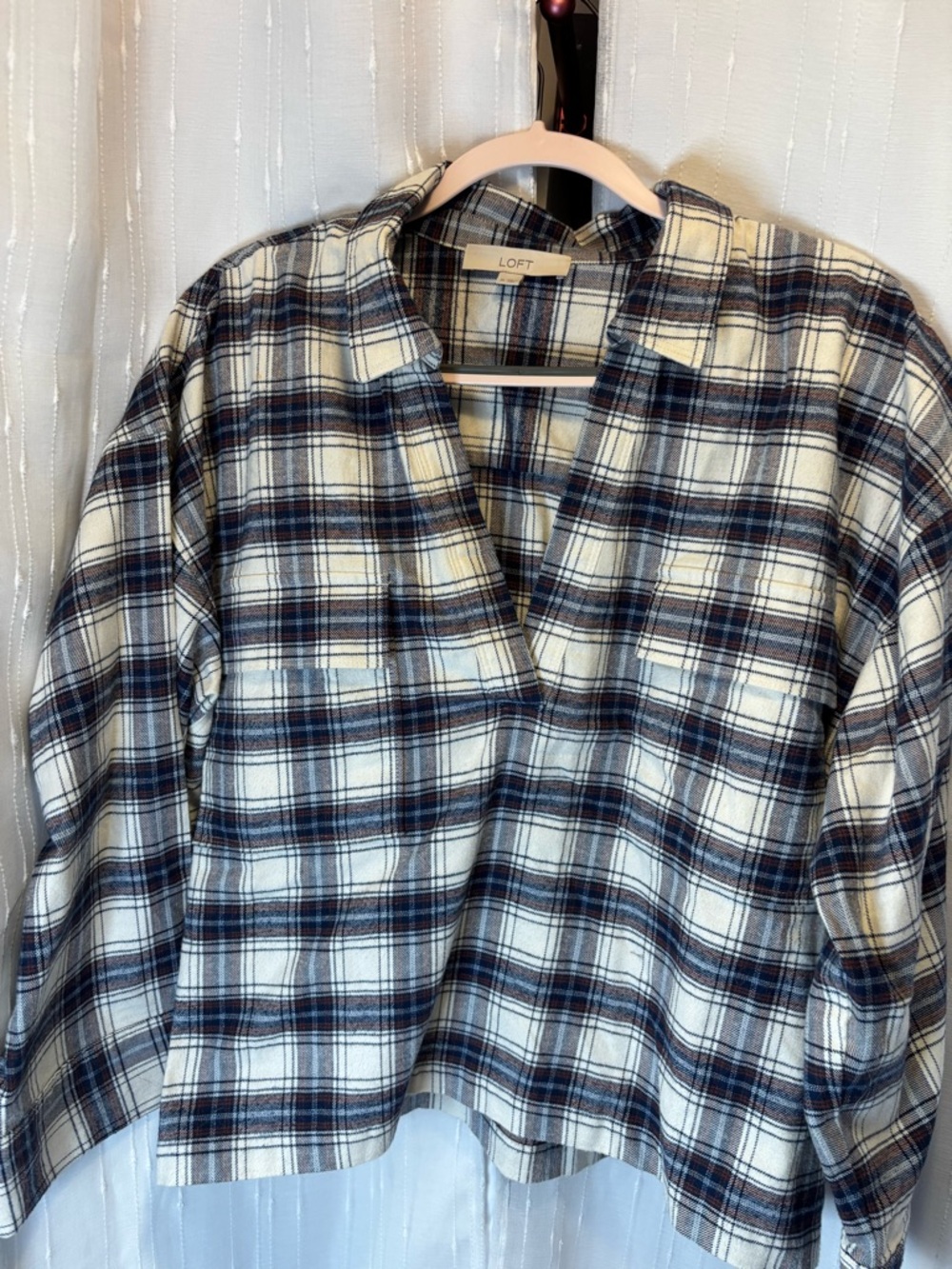 LOFT Cream, Navy and Brown Plaid Pullover Shirt